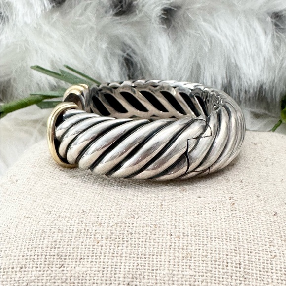 David Yurman 15MM Waverly Smokey Quartz Cable Cuff Bracelet .925/18K Gold - Picture 5 of 7